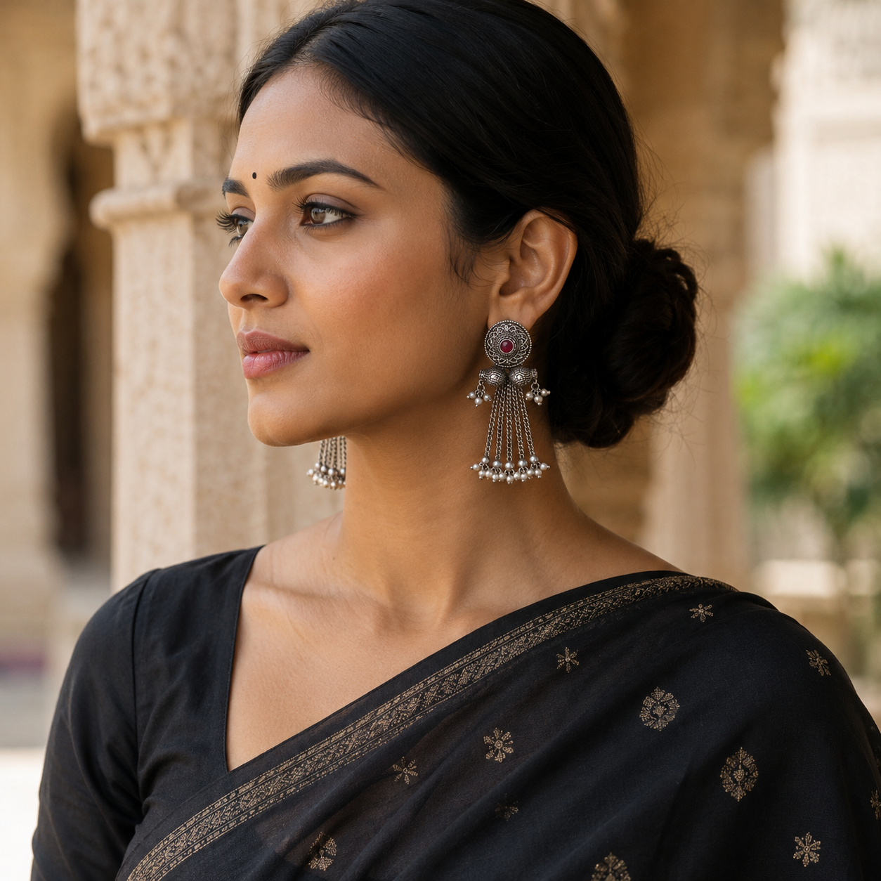 Silver Ruby Pearl Tassel Earrings