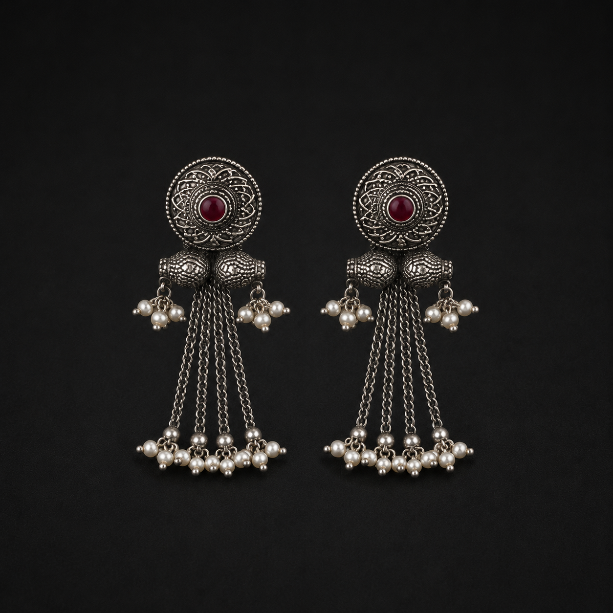 Silver Ruby Pearl Tassel Earrings