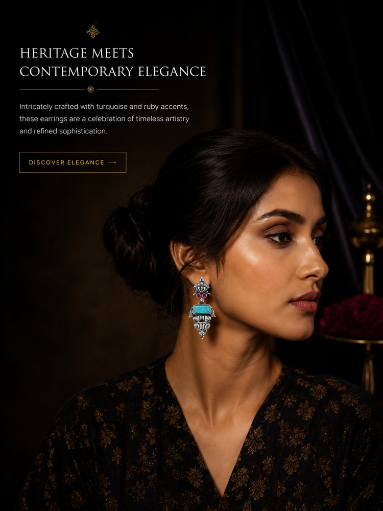 Woman wearing earrings with text about heritage meets contemporary elegance