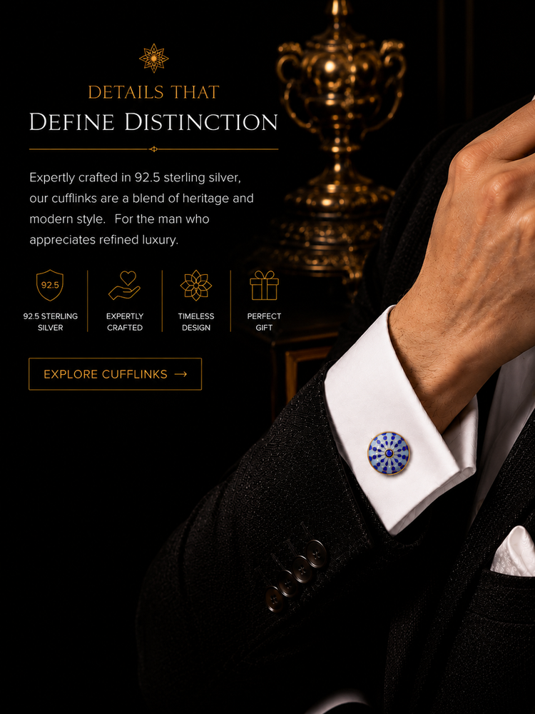 SIRIVA Cufflink with text about silver cufflinks on a dark background