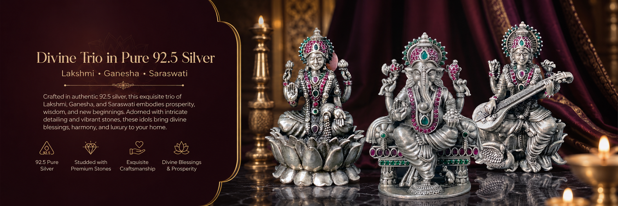 Three silver divinity statues(Lakshmi, Ganesh, Saraswati) on a dark surface with a decorative background