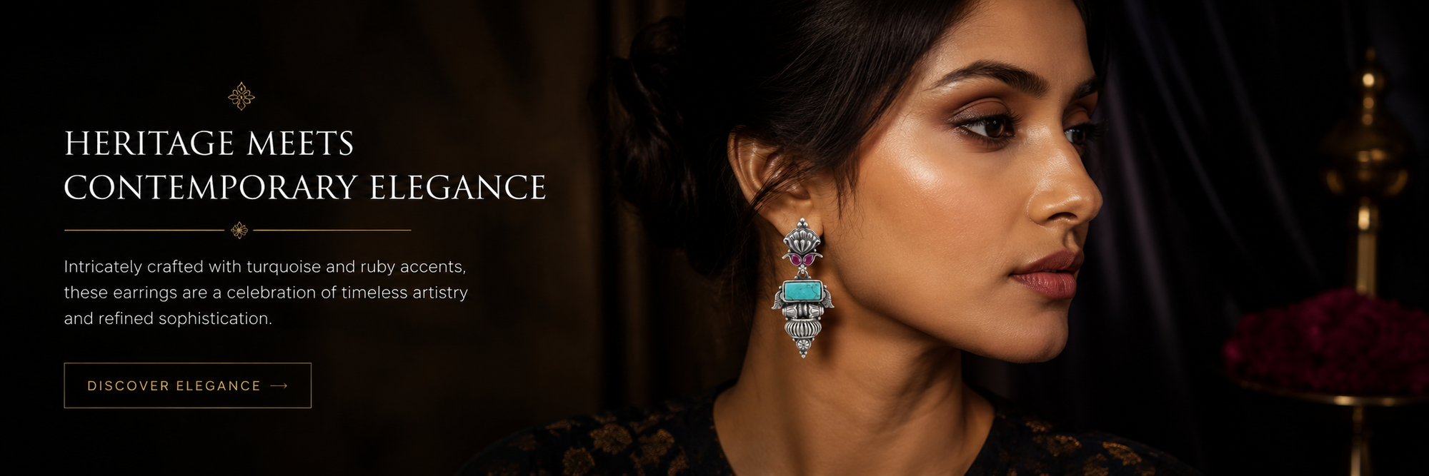Woman wearing SIRIVA earrings with text about heritage and contemporary elegance.