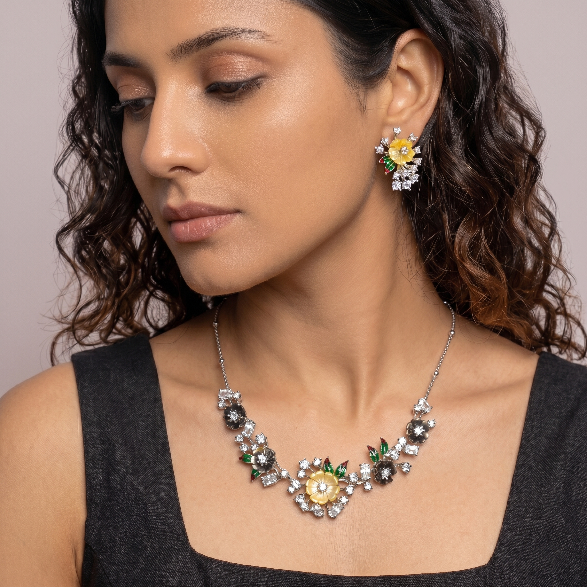 Silver Flower Bloom Necklace & Earring Set