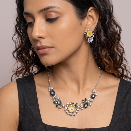 Silver Flower Bloom Necklace & Earring Set