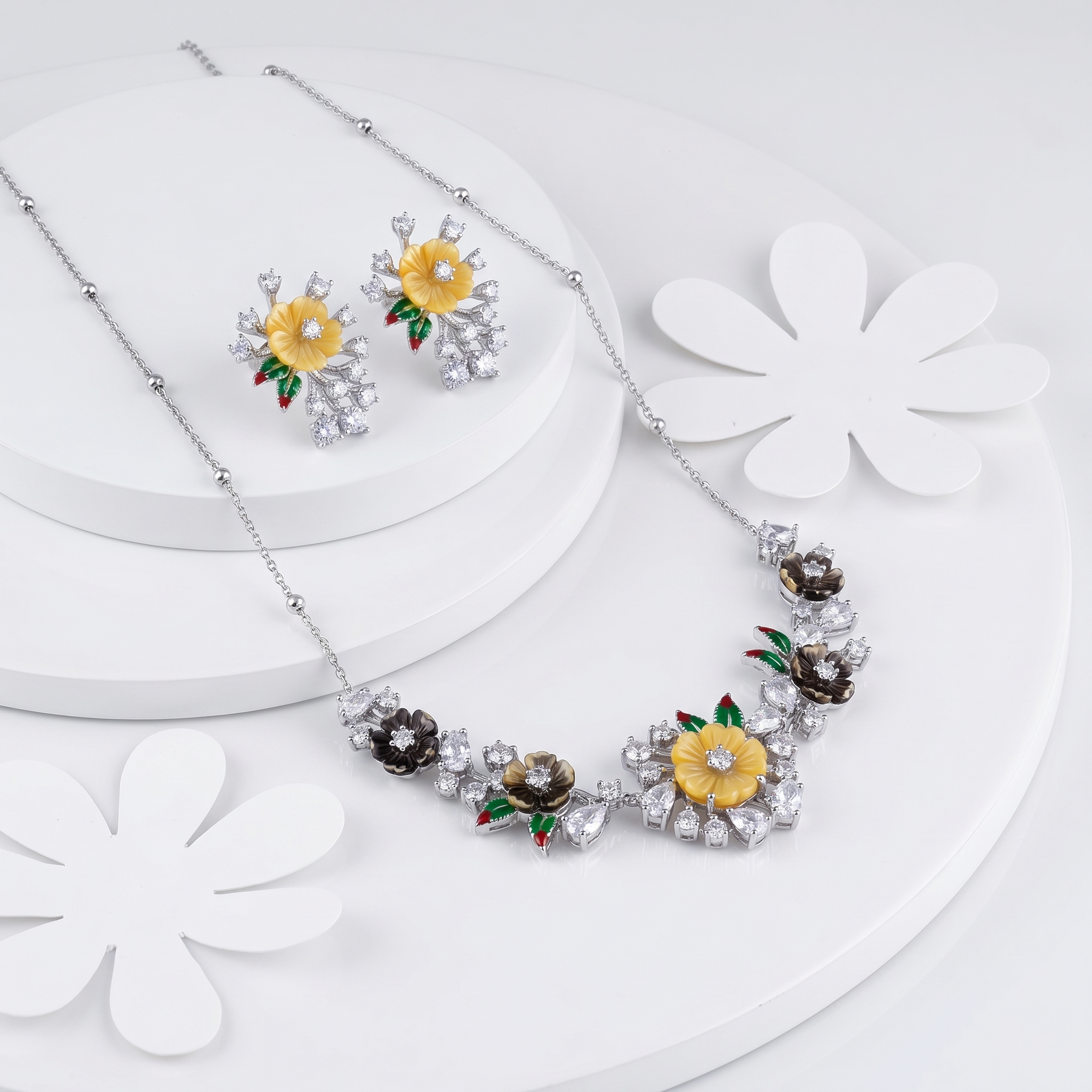 Silver Flower Bloom Necklace & Earring Set