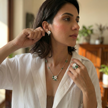Silver Emerald Spring Necklace, Earring & Ring Set