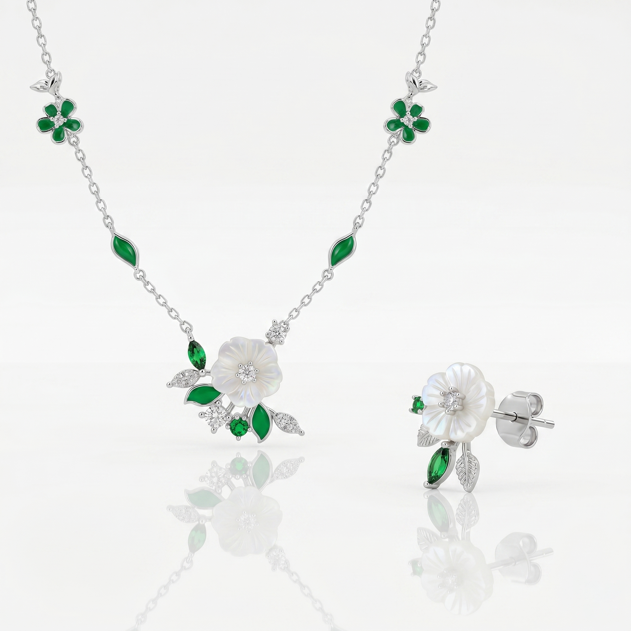 Silver Emerald Spring Necklace, Earring & Ring Set