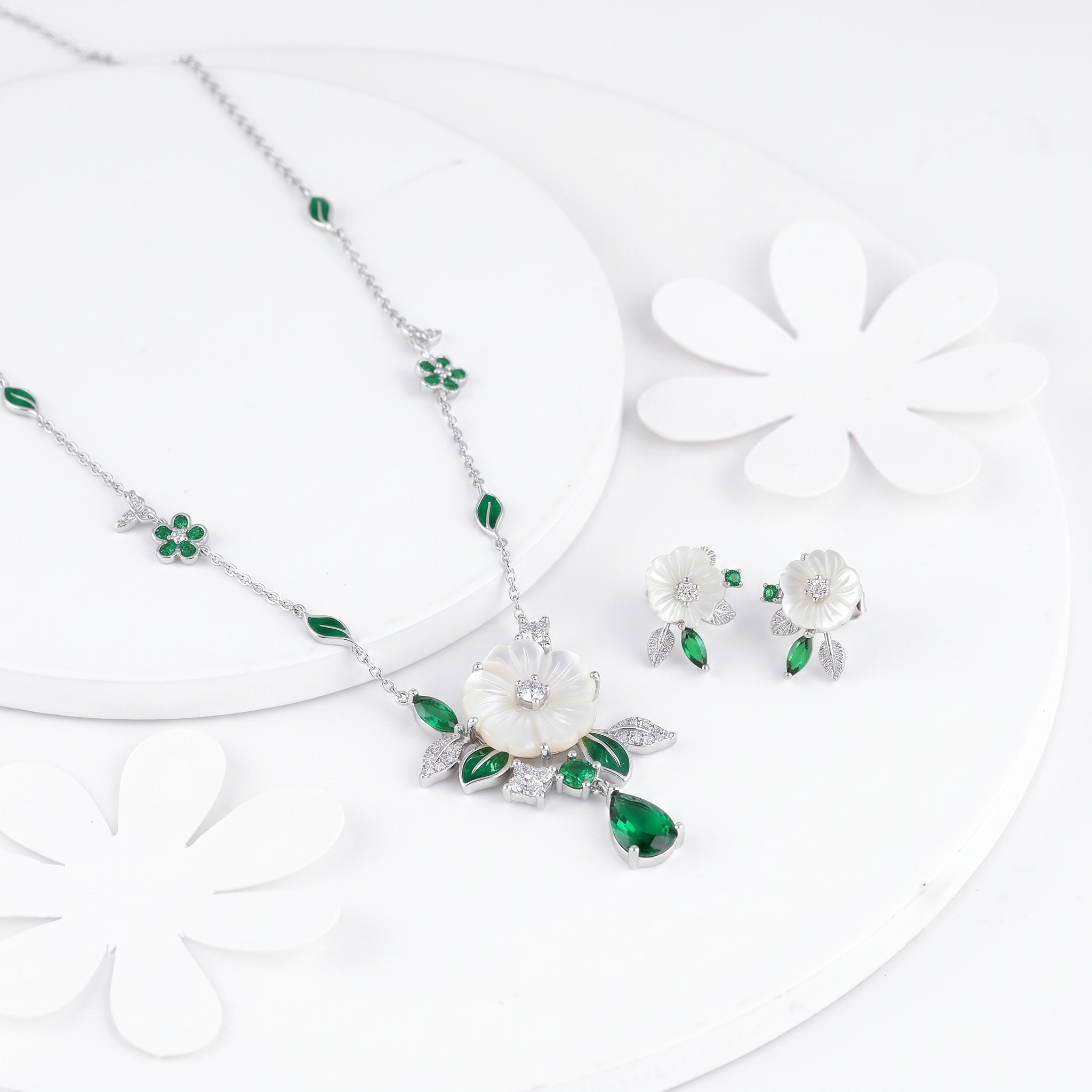 Silver Emerald Spring Necklace, Earring & Ring Set