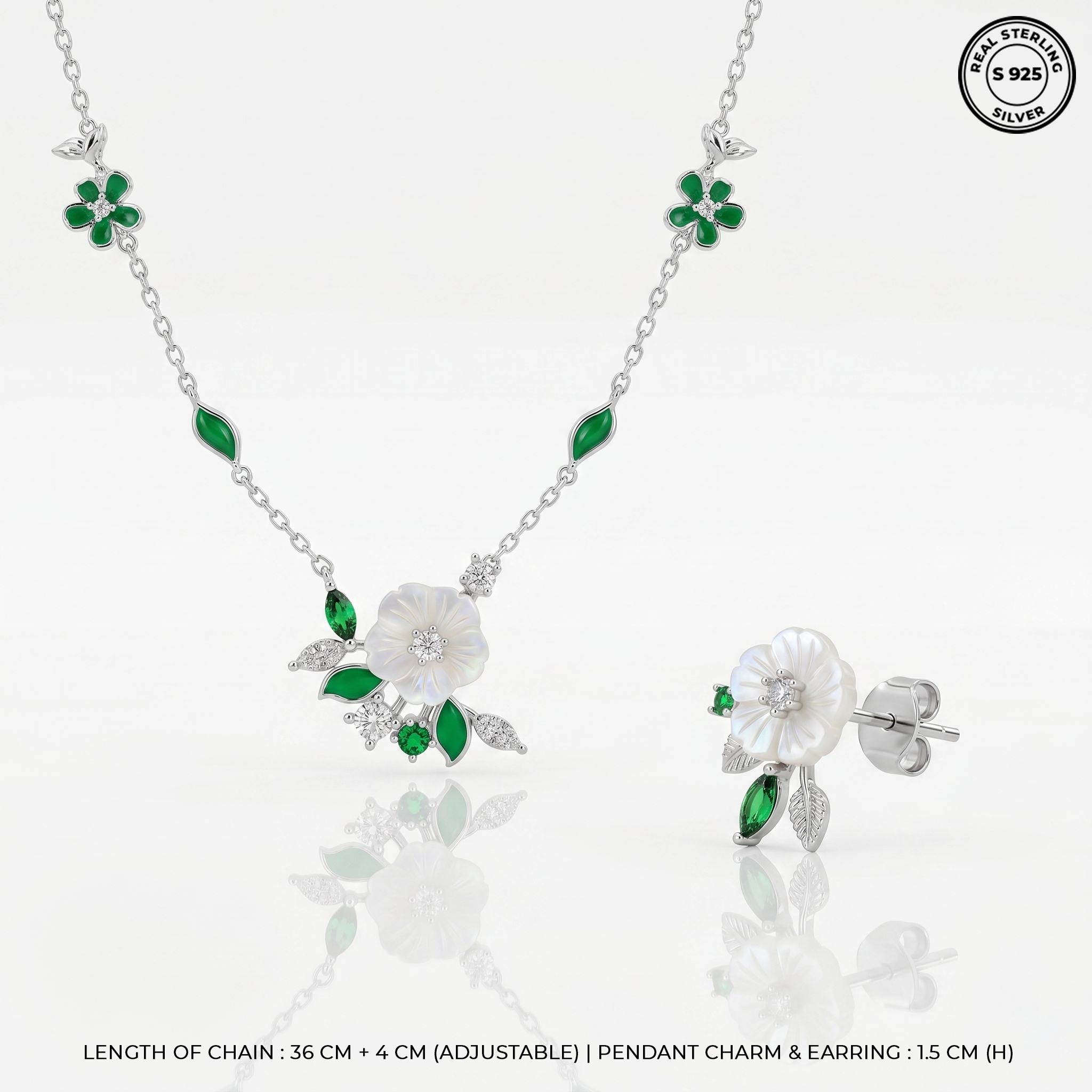 Silver Emerald Spring Necklace, Earring & Ring Set