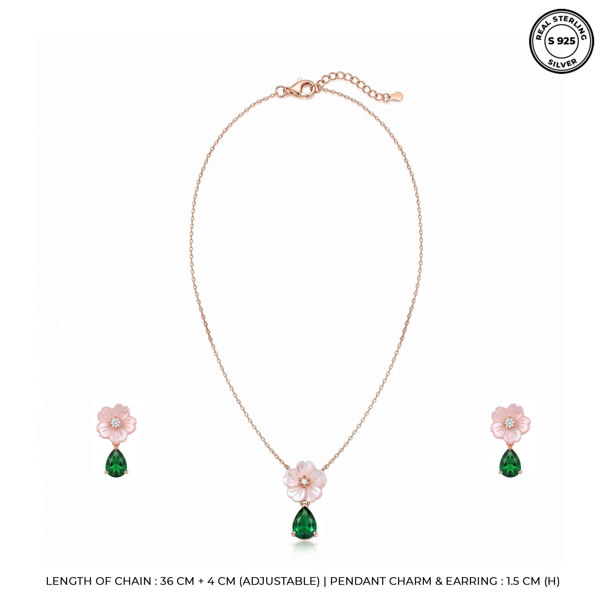 Silver Rose Dewdrop Necklace & Earring Set