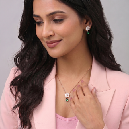 Silver Rose Dewdrop Necklace & Earring Set