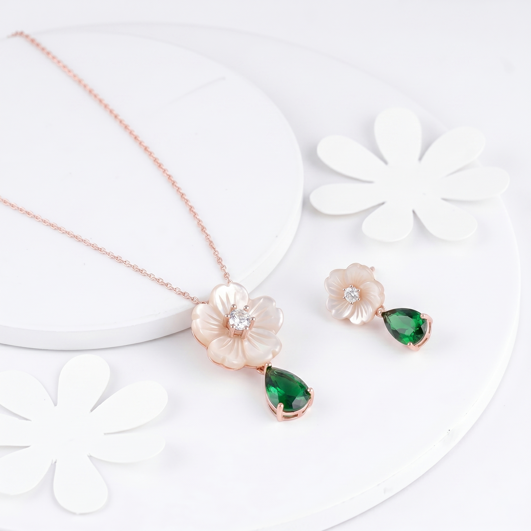Silver Rose Dewdrop Necklace & Earring Set