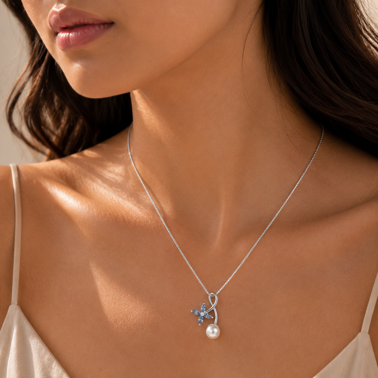 Azure Bloom Pearl Pendant with Chain
