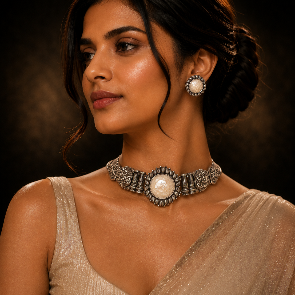 Shvetambara MOP Choker Necklace & Earrings Set
