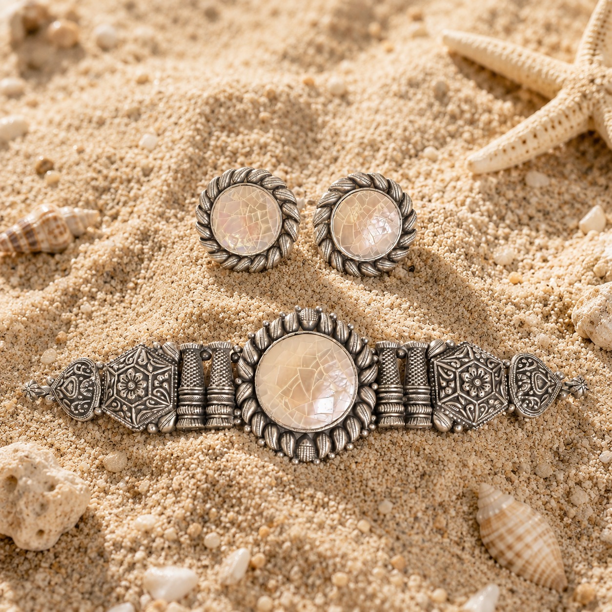 Shvetambara MOP Choker Necklace & Earrings Set
