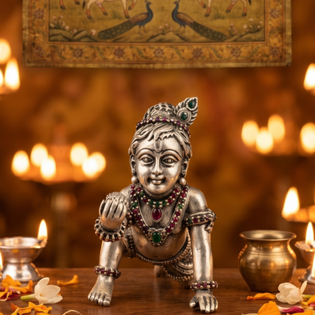 Statue of a deity on an altar with candles and flowers in a warm, decorated setting.
